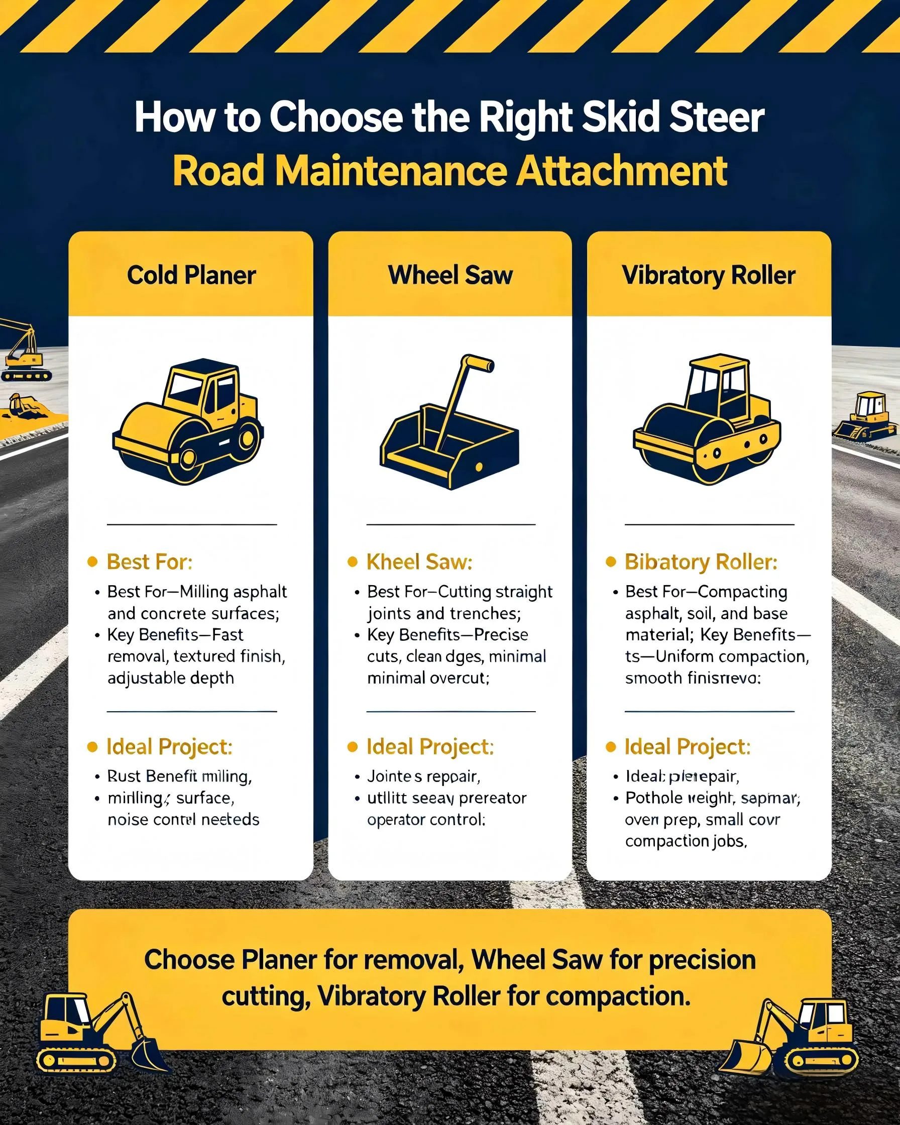 How to Choose the Right Skid Steer Road Maintenance Attachment: Cold Planer vs. Wheel Saw vs. Vibratory Roller