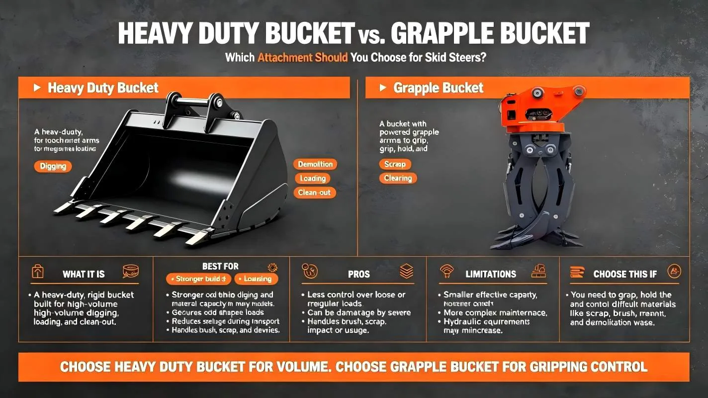 Heavy Duty Bucket vs. Grapple Bucket for Skid Steers: Which Attachment Should You Choose?